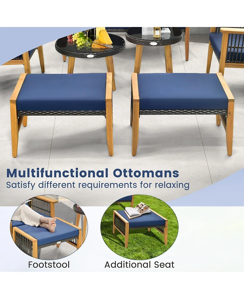 Costway 7 Piece Conversation Set Rattan Woven Chair Set with 2 Coffee Tables & 2 Ottomans