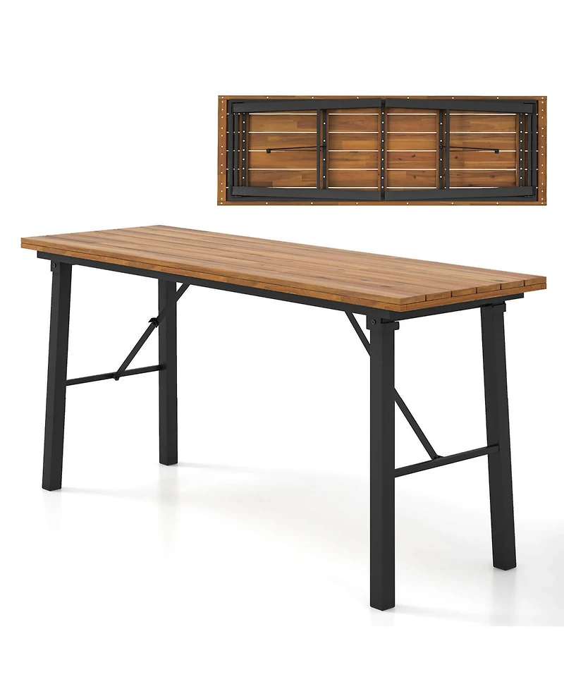 Gymax Patio Folding Picnic Table Acacia Wood Dining Table w/ Metal Frame