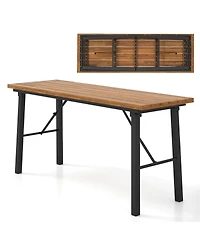 Gymax Patio Folding Picnic Table Acacia Wood Dining Table w/ Metal Frame