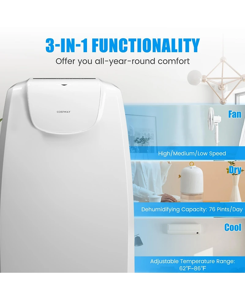 Costway 11,500 Btu Dual Hose Portable Air Conditioner 3-in-1 Ac Unit w/ Remote Control