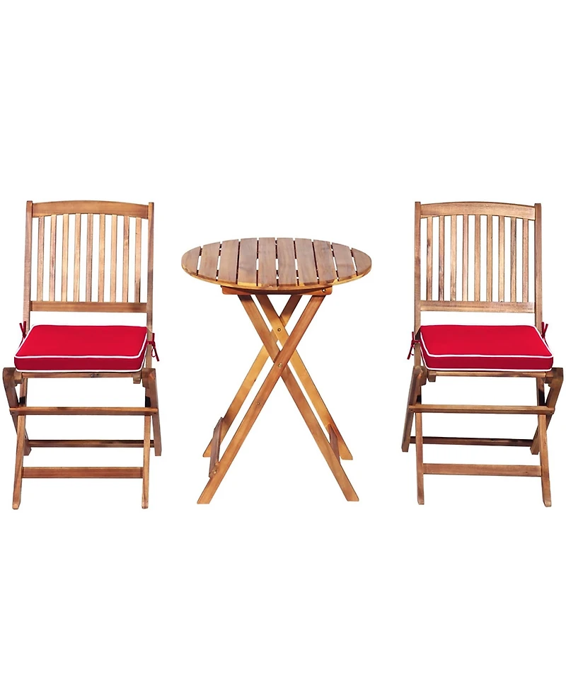 3PCS Patio Folding Wooden Bistro Set Cushioned Chair Conversation Garden