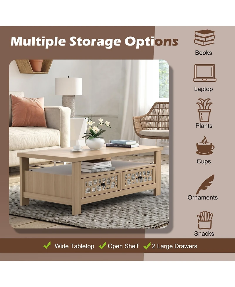 Costway Coffee Table with2 Drawers & Open Shelf Modern Rectangular Wood