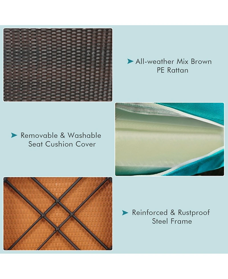 Gymax 4PCS Acacia Wood Patio Furniture Set Rattan Conversation Set w/ Turquoise Cushions