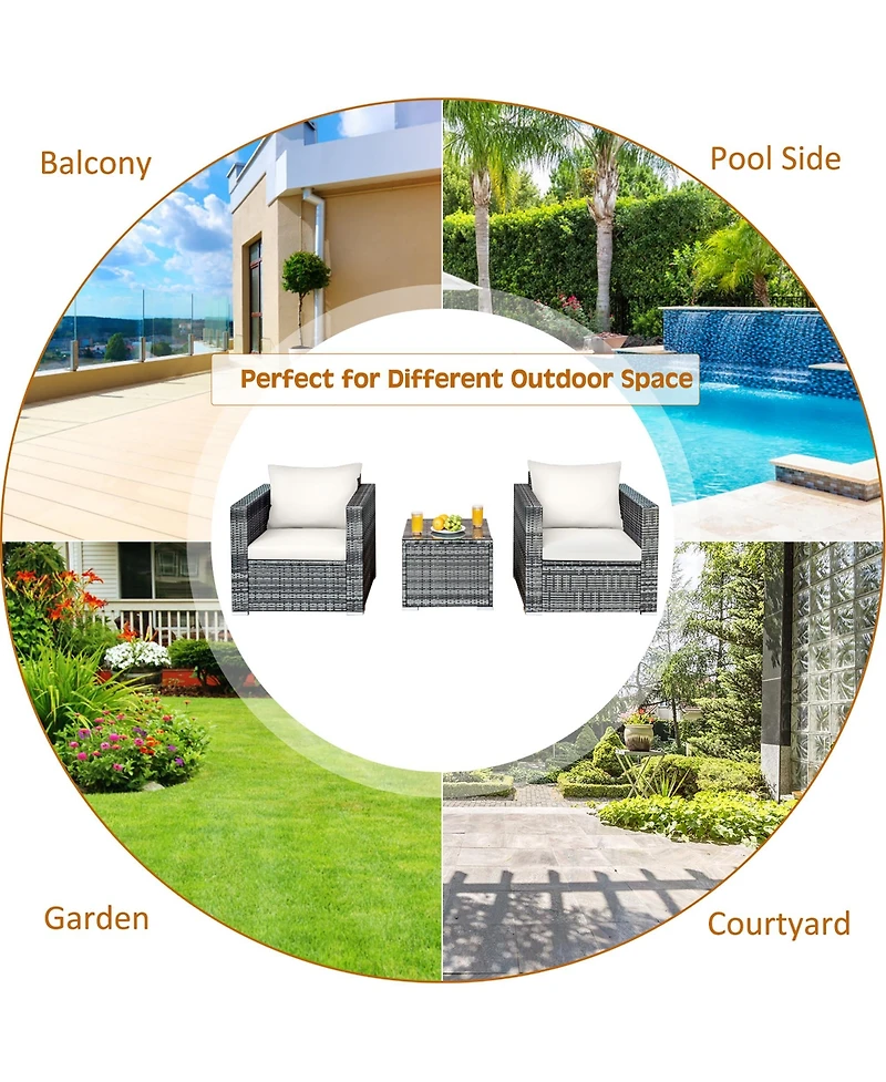 3 Pc Patio Rattan Furniture Bistro Set Cushioned Sofa Chair Table