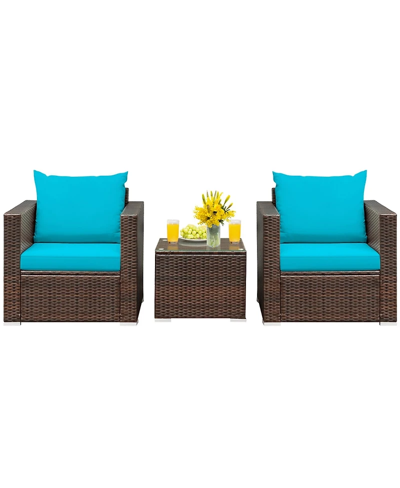 3PCS Patio Rattan Furniture Set Conversation Sofa Cushioned