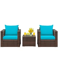 3PCS Patio Rattan Furniture Set Conversation Sofa Cushioned