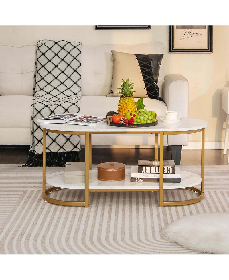 White Marble Coffee Table Modern 2-Tier Center Table with Open Storage Shelf