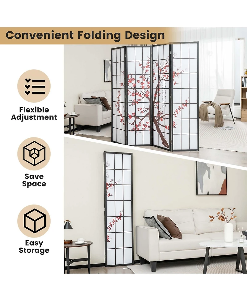 4-Panel Japanese Style Folding Room Divider with Elegant Plum Blossom Design Indoor