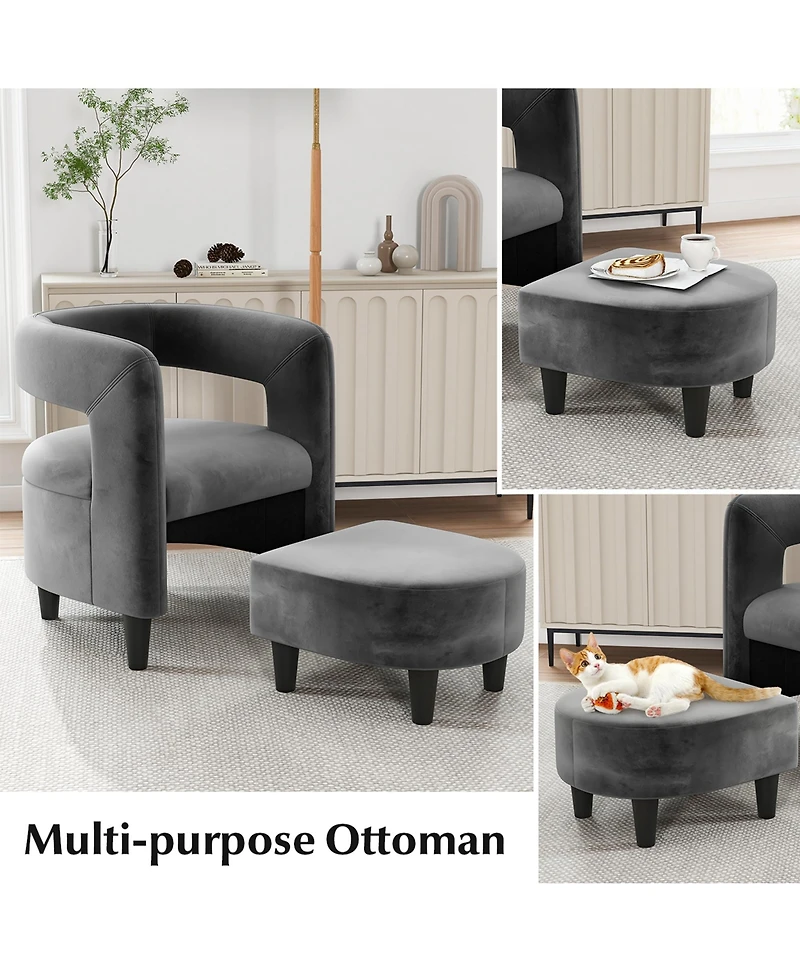 Costway Comfy Accent Armchair with Footrest Upholstered Velvet Barrel Chair & Ottoman Set