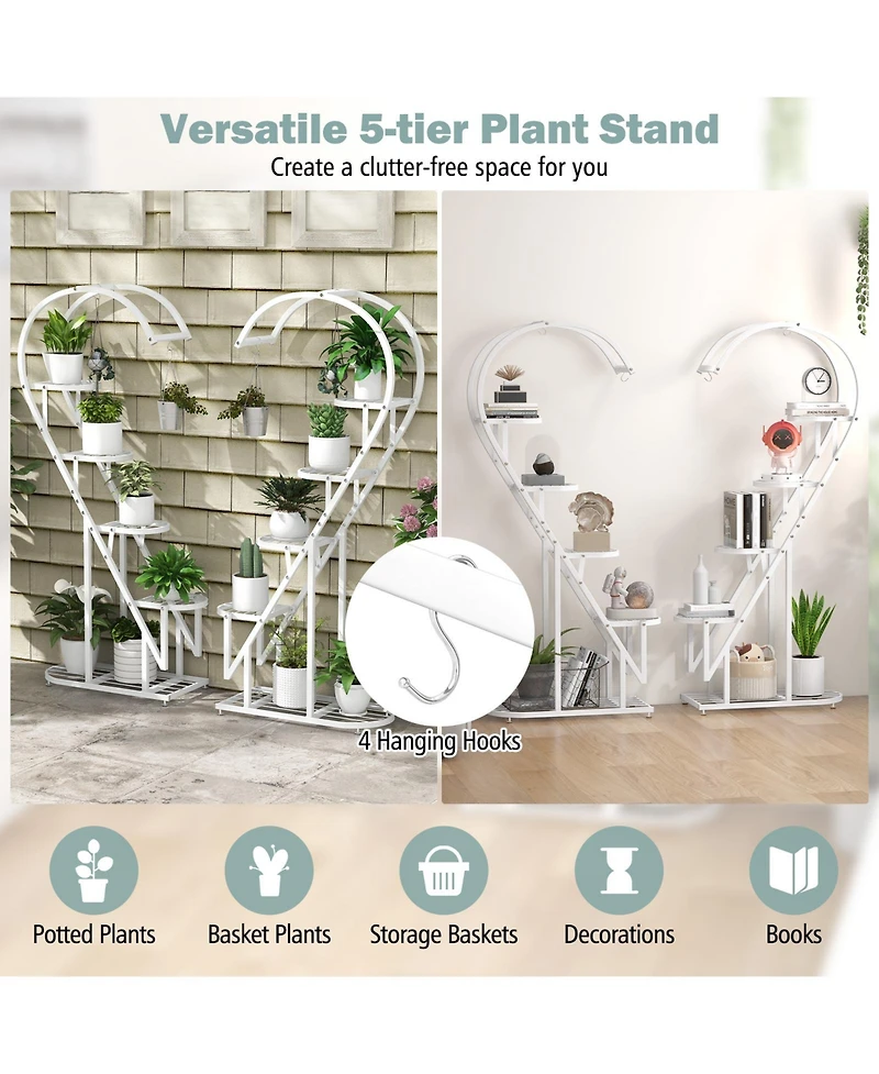 Costway 5 Tier Metal Plant Stand Heart-shaped Shelf with Hanging Hook for Multiple Plants