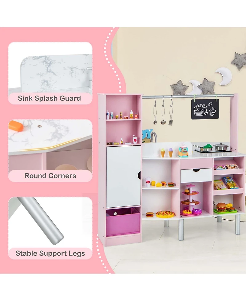Costway 2-in-1 Kids Kitchen & Market with Realistic Light & Sound 82 Accessories Included