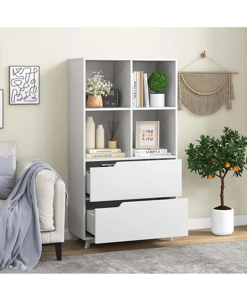 Bookcase with 2 Drawers 4-Tier Open Bookshelf with 4 Storage Cubes for Home Office