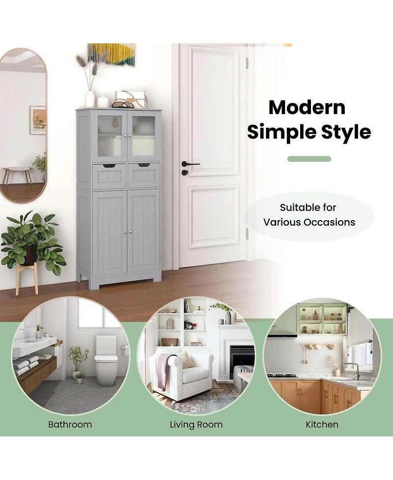 Bathroom Floor Storage Cabinet Kitchen Cupboard with 2 Drawers & Glass Doors
