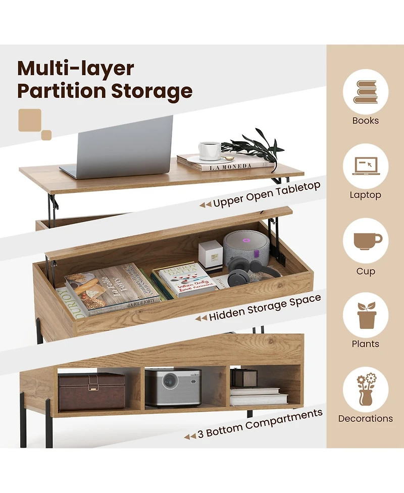 Lift Top Coffee Table with Storage Compartment & 3 Open Cubbies
