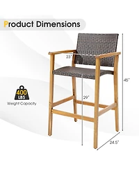 2PCS Patio Pe Wicker Bar Chairs Height Barstools with Acacia Wood Armrests