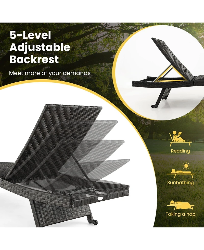 1PC Folding Patio Chaise Lounge Chair Outdoor Rattan Adjustable Recliner Quick Dry Foam
