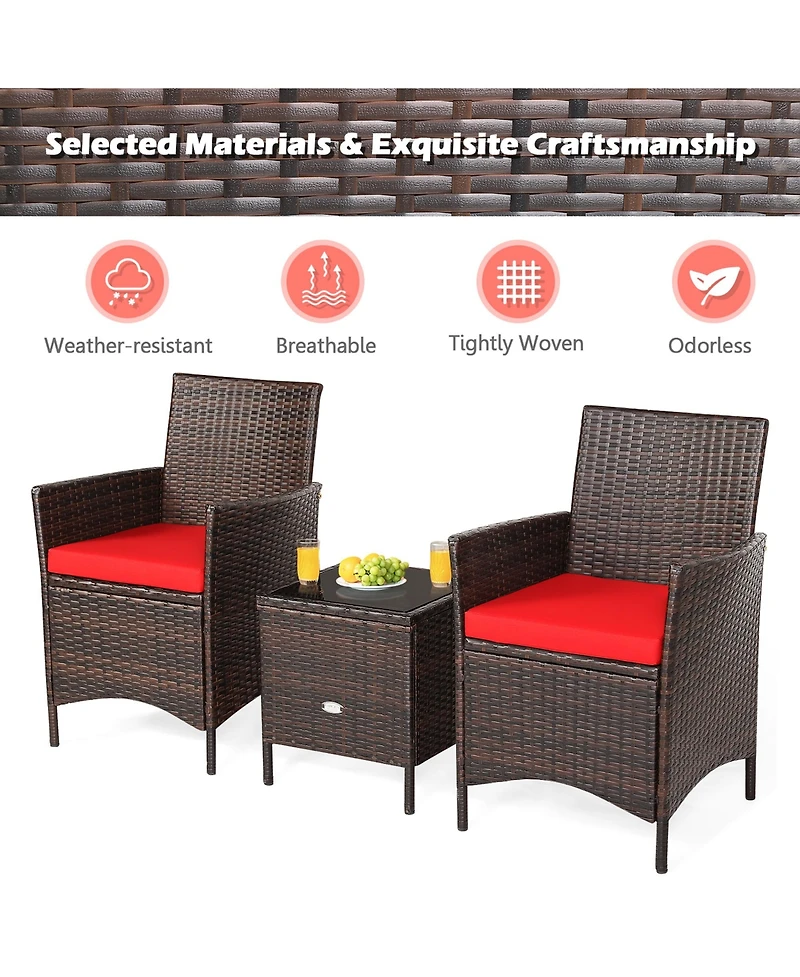 Gymax 3PCS Outdoor Rattan Conversation Set Patio Furniture Set w/ Red Cushions