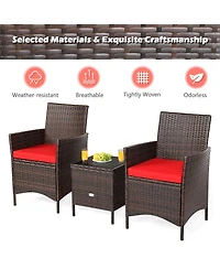 Gymax 3PCS Outdoor Rattan Conversation Set Patio Furniture Set w/ Red Cushions