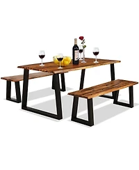 Gymax Picnic Table Set Acacia Wood 3 Piece Table Bench Outdoor Patio