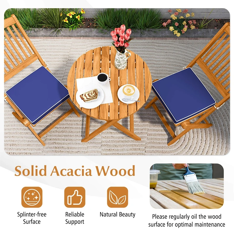 Costway 3PCS Patio Folding Wooden Bistro Set Cushioned Chair Conversation