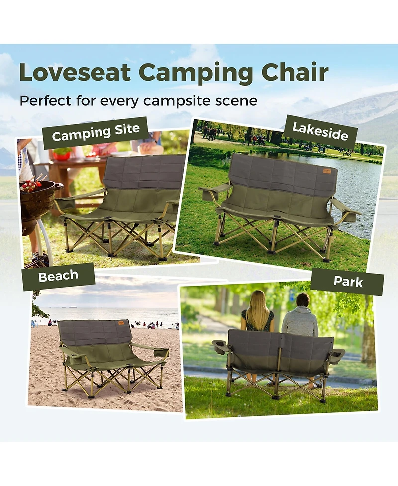 Gymax Oversized Camping Chair Folding Loveseat Camping Couch w/ Cup Holders & Padding Green