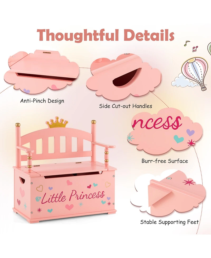 Kids Princess Wooden Bench Seat Toy Box Storage Organizer Children Playroom