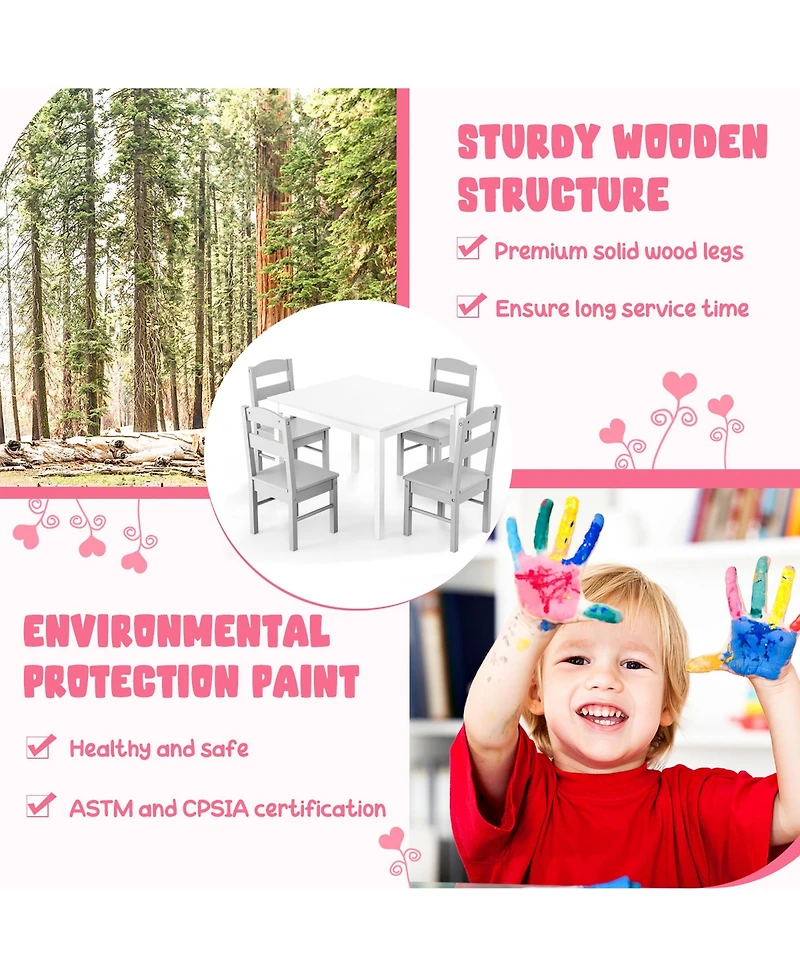 Costway Boys 5 Piece Table & Chair Set Wooden Children Activity