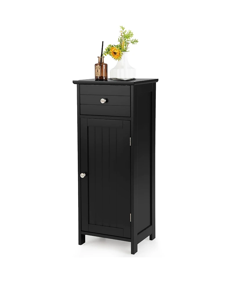 Wooden Bathroom Floor Storage Cabinet Organizer w/ Drawer Adjustable Shelf