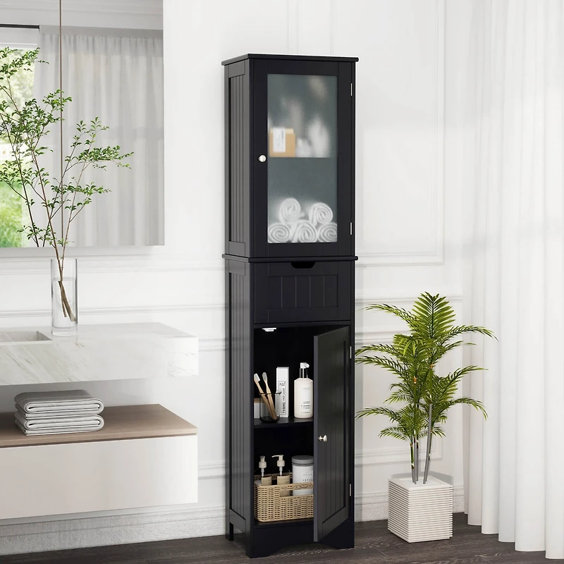 Bathroom Tall Cabinet Freestanding Linen Tower with Doors & Drawer