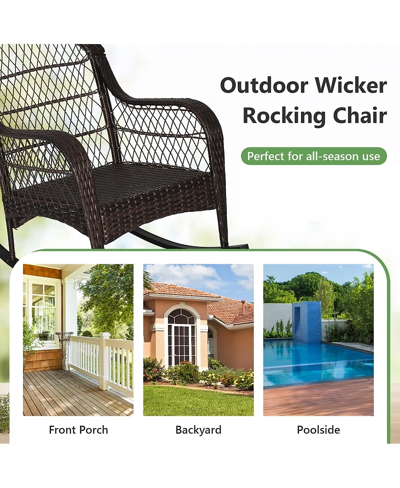 Patio Wicker Rocking Chair with Seat Back Cushions & Lumbar Pillow Porch