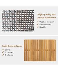 4PCS Patio Rattan Furniture Set Acacia Wood Cushioned Sofa