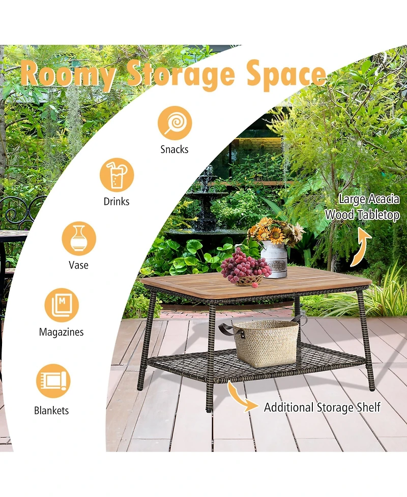 Costway 5PCS Patio Rattan Furniture Set Cushioned Sofa Armrest Wooden Tabletop