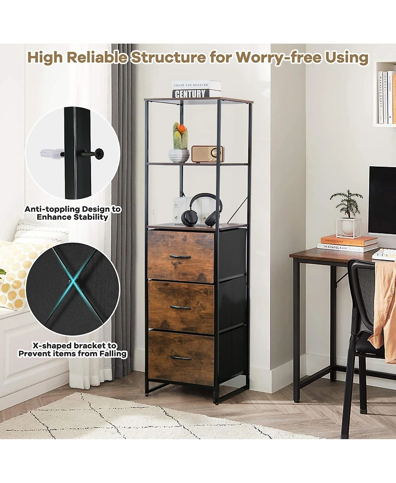 Vertical 3 Drawer Dresser w/ 3 Shelves Tall Storage Tower Chest Freestanding