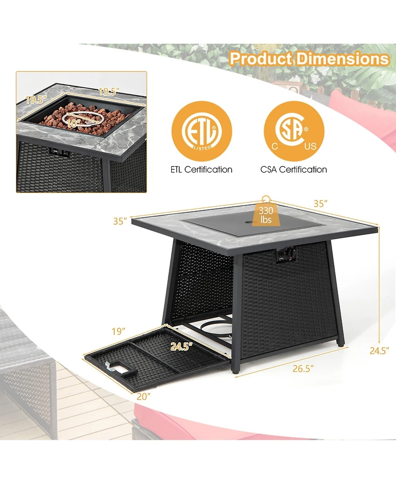 Costway 35'' Propane Gas Fire Pit Table Patio Pe Wicker Rattan w/ Lava Rocks
