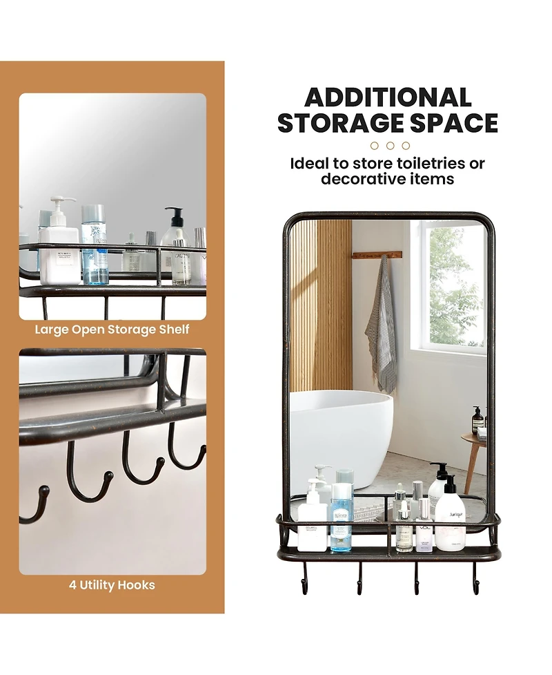 Wall Bathroom Mirror w/ Shelf Hooks Sturdy Metal Frame for Bedroom Living Room