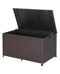 133 Gallon Patio Rattan Storage Deck Box Container Wheel Handle W/Liner