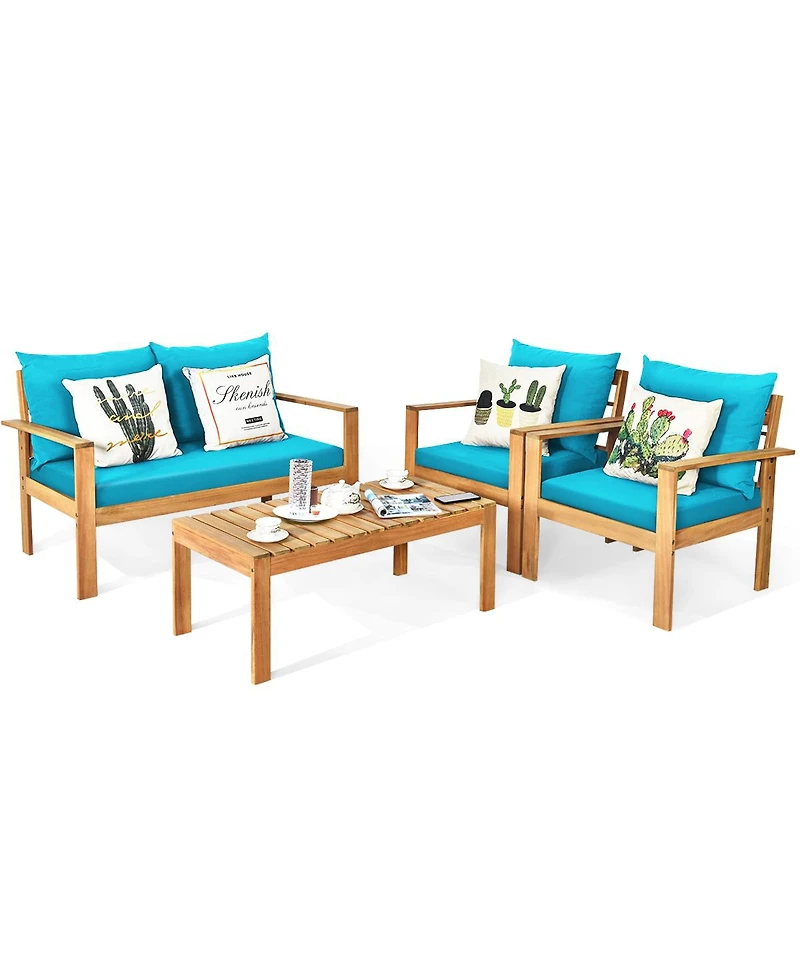 Gymax 4PCS Patio Acacia Wood Conversation Furniture Set w/ Turquoise Cushions