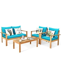 Gymax 4PCS Patio Acacia Wood Conversation Furniture Set w/ Turquoise Cushions