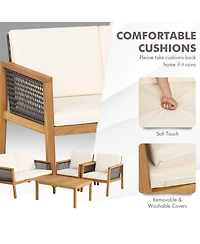 Gymax 4PCS Patio Acacia Wood Furniture Set Pe Rattan Conversation Set with Off White Cushions