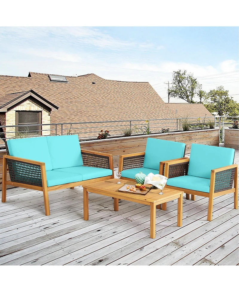 Gymax 8PCS Patio Acacia Wood Furniture Set Pe Rattan Conversation Set w/ Turquoise Cushions