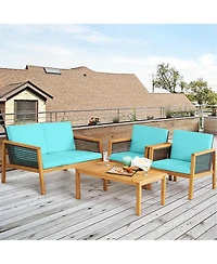 Gymax 8PCS Patio Acacia Wood Furniture Set Pe Rattan Conversation Set w/ Turquoise Cushions