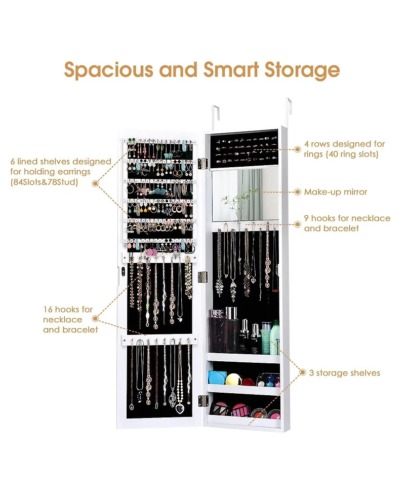 Costway Wall Door Mounted Mirrored Jewelry Cabinet Storage Organizer