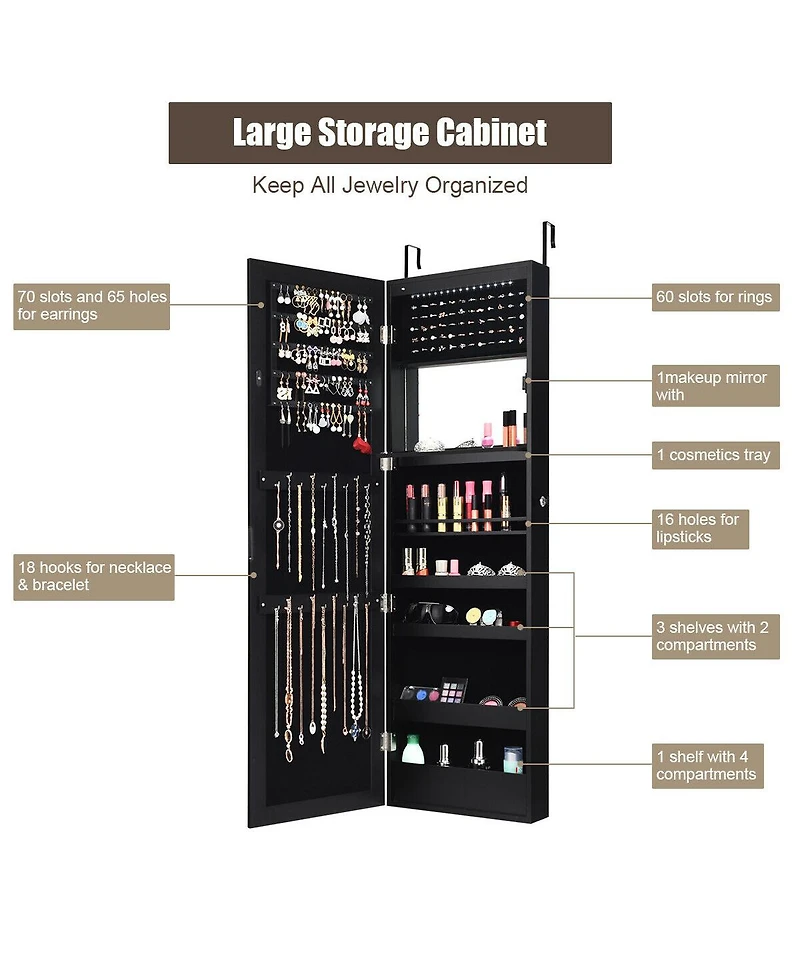 Costway Wall Door Mounted Mirror Jewelry Cabinet Organizer