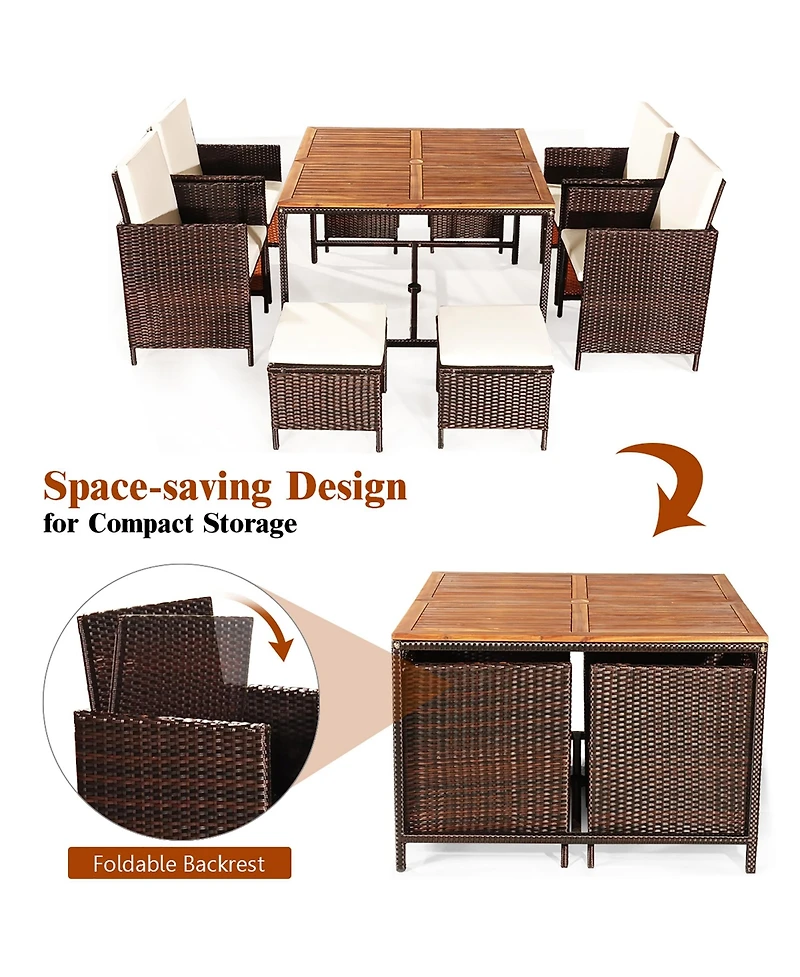 9PCS Patio Rattan Dining Set Cushioned Chairs Ottoman Wood Table Top