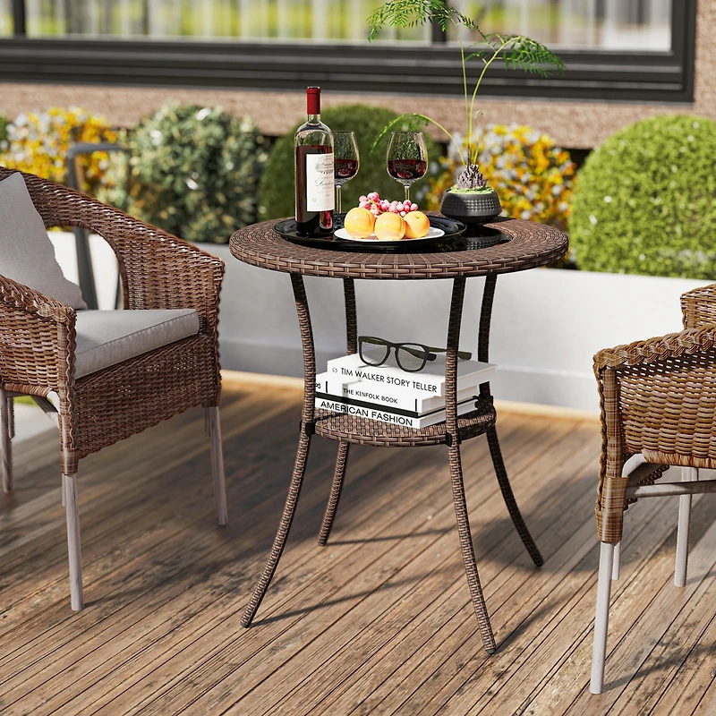 Gymax 25.5'' Pe Wicker Patio Bistro Table Round Coffee Table w/ Tempered Glass Top Outdoor