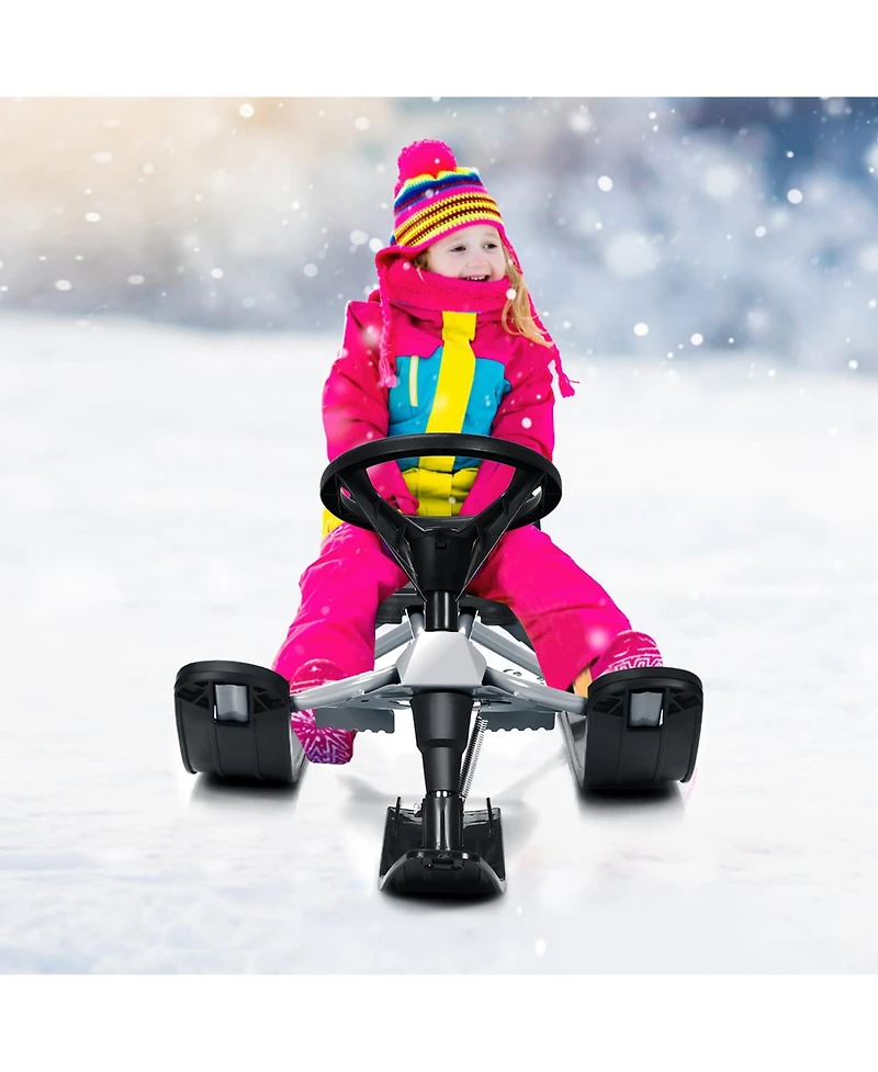 Kids Snow Racer Sled Steering Wheel Double Brakes Pull Rope