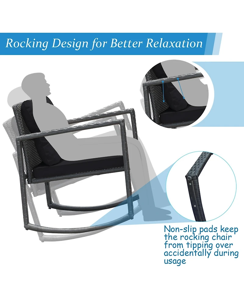 3PC Patio Rattan Conversation Set Rocking Chair Cushioned