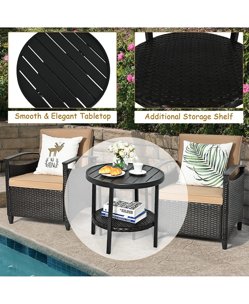 3PCS Patio Rattan Furniture Set Cushioned Sofa Storage Table W/ Shelf Garden