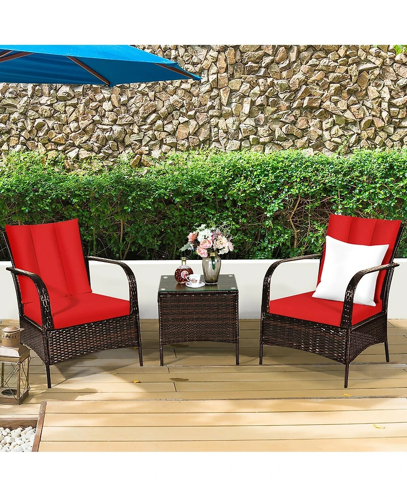 Costway 3 Pcs Patio Rattan Furniture Set Coffee Table & 2 Rattan Chair
