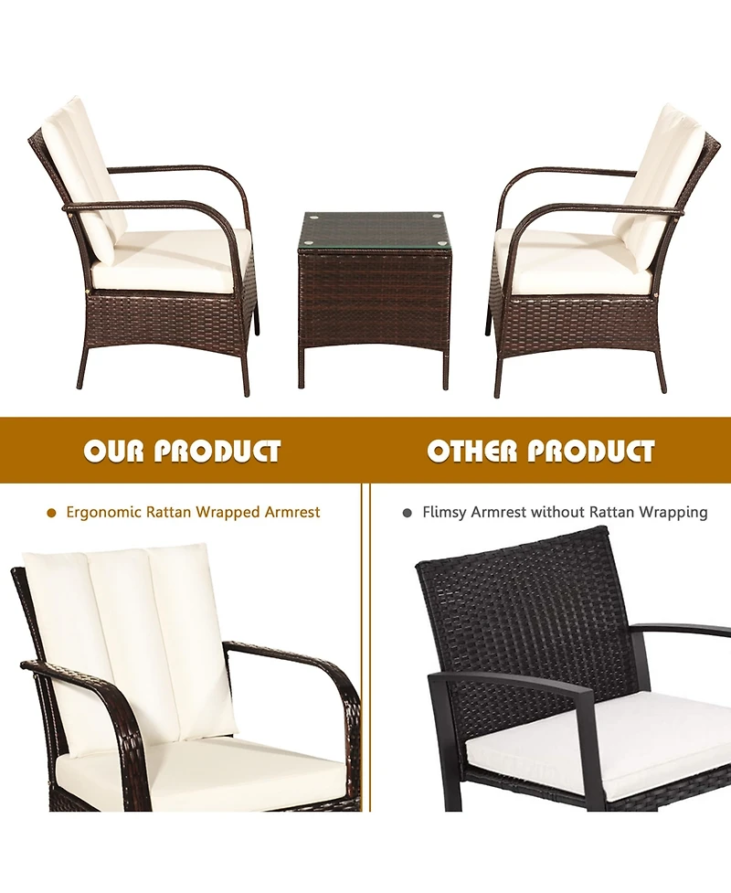 Gymax 3PCS Patio Outdoor Rattan Conversation Set Furniture Set w/ Table Cushions